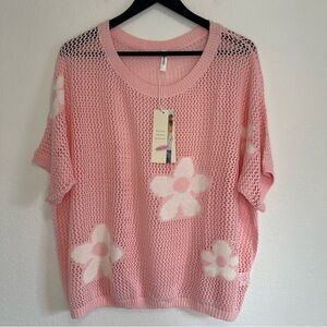 Dokotoo Women’s Pink Floral Sheer Knit Top – Size Medium